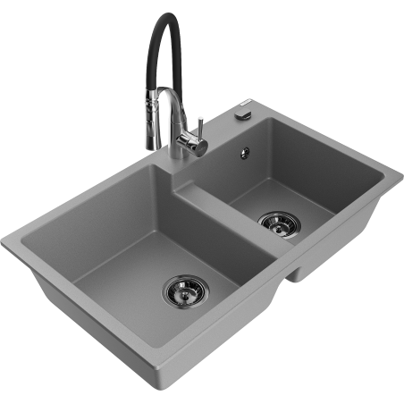 Mexen Tomas granite kitchen sink 2-bowl with Aster kitchen faucet, gray - 6516-71-73450-07-B