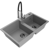 Mexen Tomas granite 2-bowl kitchen sink with Aster kitchen faucet, gray - 6516-71-73450-07-B