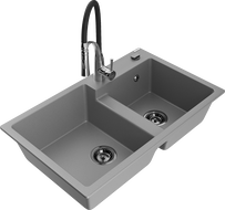 Mexen Tomas granite 2-bowl kitchen sink with Aster kitchen faucet, gray - 6516-71-73450-07-B