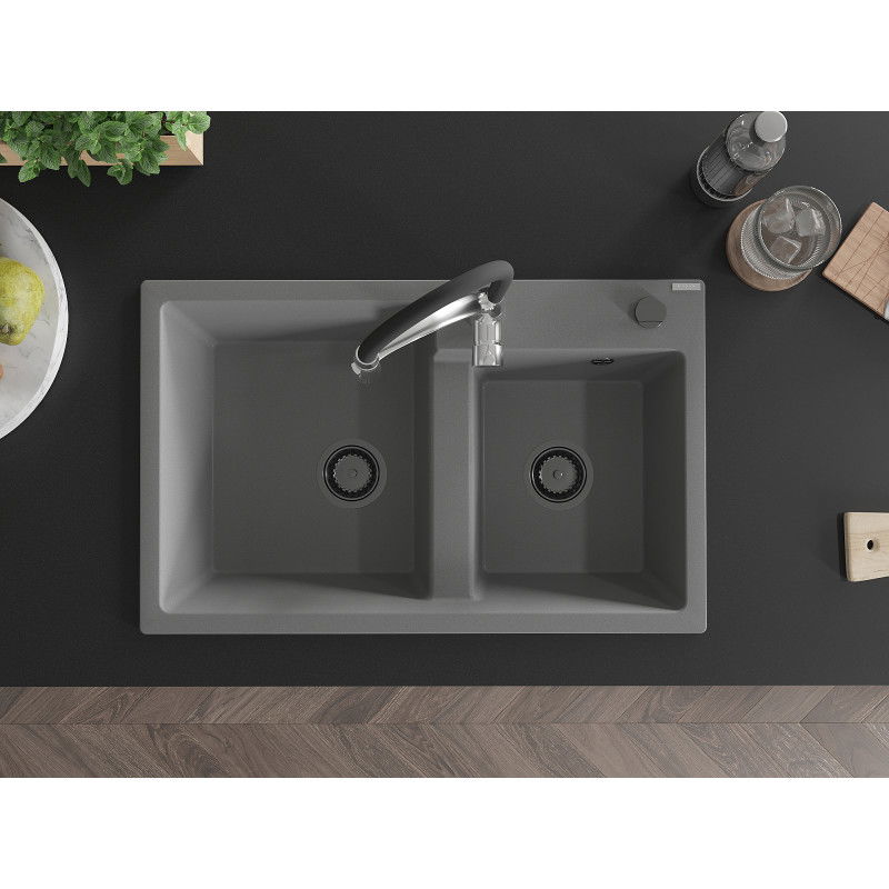 Mexen Tomas Granite Kitchen Sink 2-Bowl with Aster Tap, Grey - 6516-71-73450-07-B