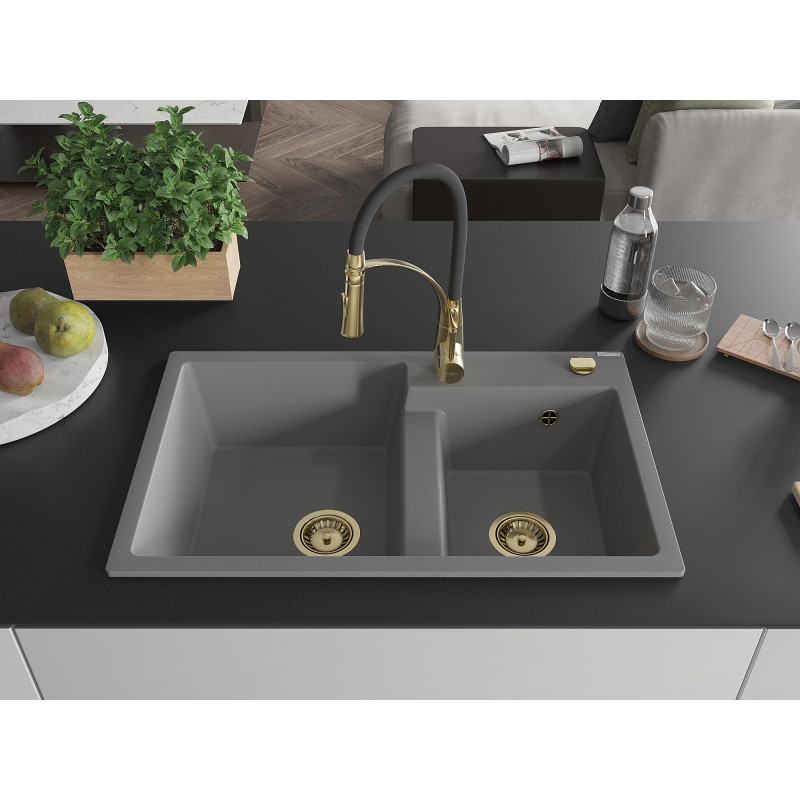 Mexen Tomas granite double-bowl sink with kitchen faucet Aster, gray - 6516-71-73450-57-G