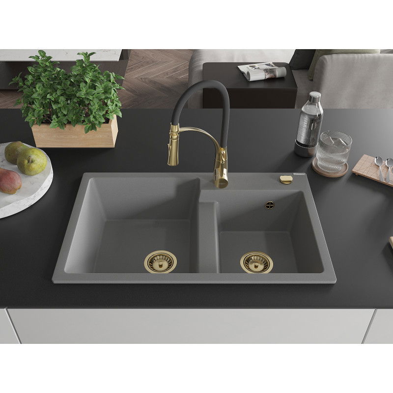 Mexen Tomas granite sink 2-bowl with Aster kitchen tap, grey - 6516-71-73450-57-G