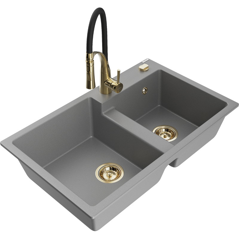 Mexen Tomas granite double-bowl sink with kitchen faucet Aster, gray - 6516-71-73450-57-G