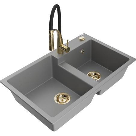 Mexen Tomas 2-bowl granite sink with Aster kitchen faucet, gray - 6516-71-73450-57-G