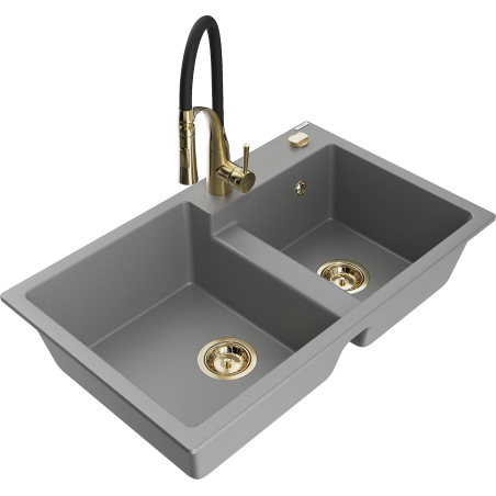 Mexen Tomas granite sink 2-bowl with Aster kitchen tap, grey - 6516-71-73450-57-G