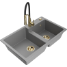 Mexen Tomas granite sink 2-bowl with Aster kitchen tap, grey - 6516-71-73450-57-G