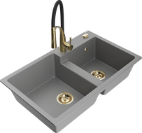 Mexen Tomas 2-bowl granite sink with Aster kitchen faucet, gray - 6516-71-73450-57-G