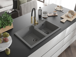 Mexen Tomas granite sink with 2 compartments and Aster kitchen tap, grey - 6516-71-73450-57-B