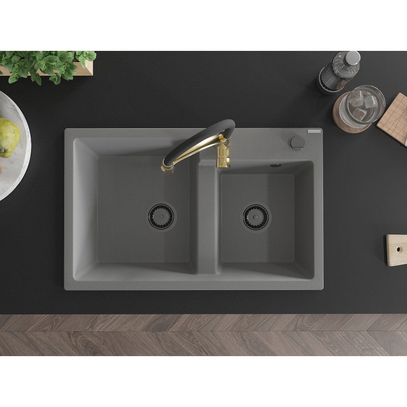Mexen Tomas granite sink with 2 compartments and Aster kitchen tap, grey - 6516-71-73450-57-B