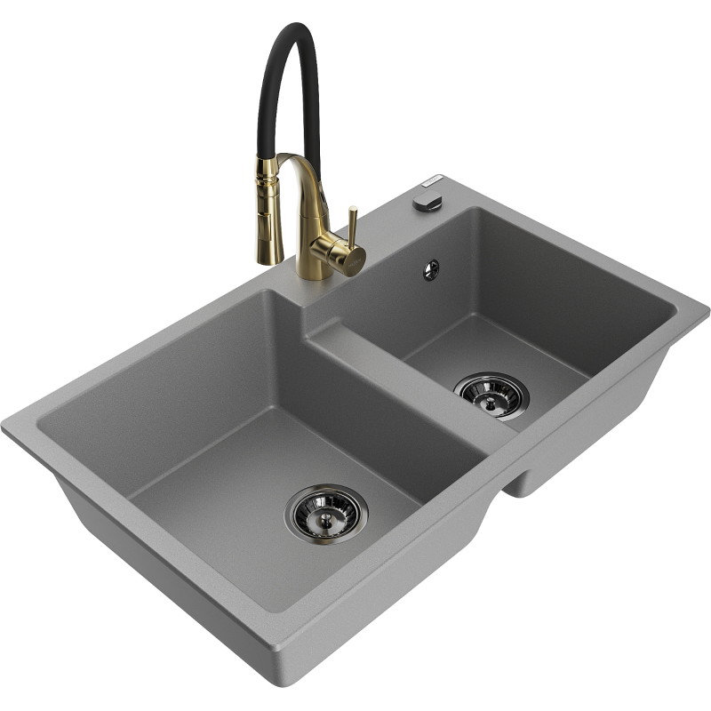 Mexen Tomas 2-chamber granite sink with kitchen faucet Aster, gray - 6516-71-73450-57-B