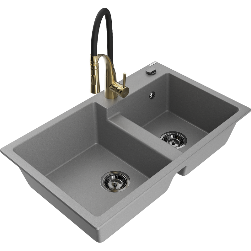 Mexen Tomas granite sink with 2 compartments and Aster kitchen tap, grey - 6516-71-73450-57-B