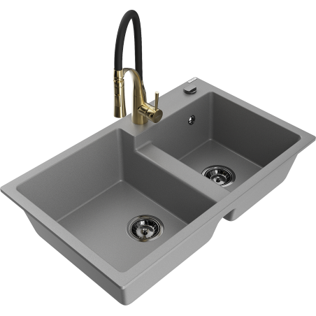 Mexen Tomas 2-chamber granite sink with kitchen faucet Aster, gray - 6516-71-73450-57-B