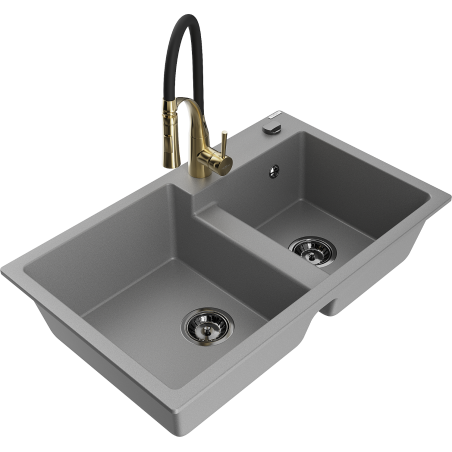 Mexen Tomas granite sink with 2 compartments and Aster kitchen tap, grey - 6516-71-73450-57-B