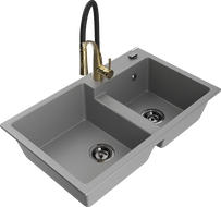 Mexen Tomas 2-compartment granite sink with a kitchen mixer tap Aster, Grey - 6516-71-73450-57-B