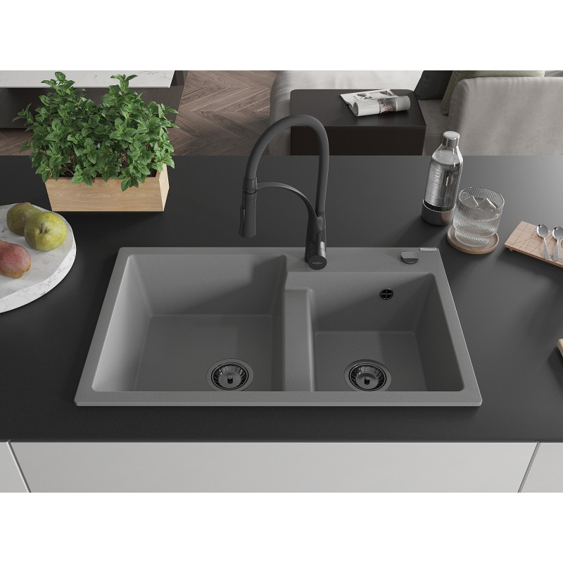 Mexen Tomas granite 2-bowl kitchen sink with Aster kitchen faucet, gray - 6516-71-73450-70-B