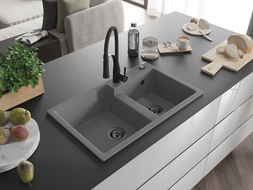 Mexen Tomas granite kitchen sink 2-bowl with Aster kitchen tap, grey - 6516-71-73450-70-B