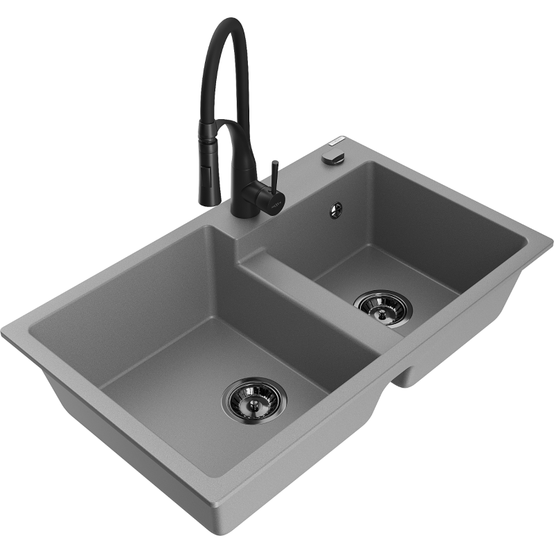 Mexen Tomas granite kitchen sink 2-bowl with Aster kitchen tap, grey - 6516-71-73450-70-B