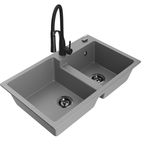 Mexen Tomas 2-compartment granite sink with a kitchen mixer tap Aster, Grey - 6516-71-73450-70-B