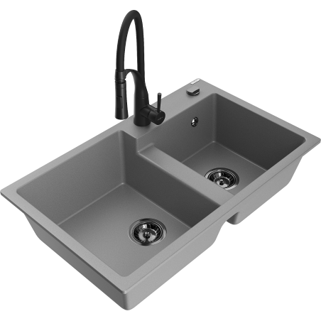 Mexen Tomas granite kitchen sink 2-bowl with Aster kitchen tap, grey - 6516-71-73450-70-B