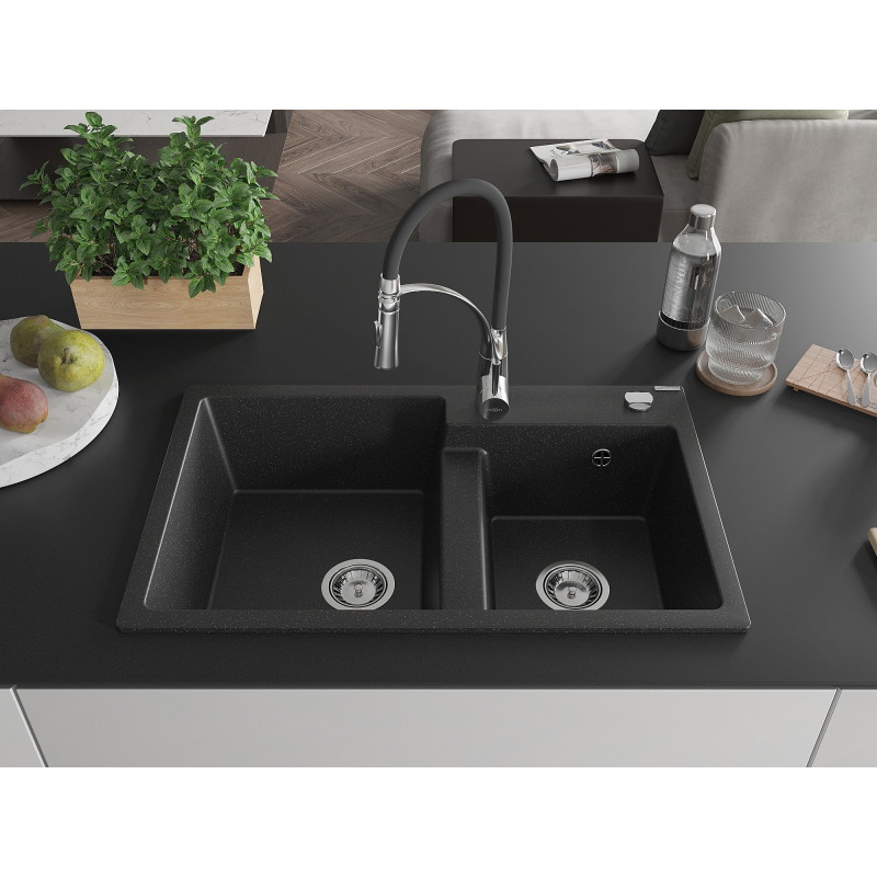 Mexen Tomas granite double-bowl sink with Aster kitchen faucet, black/silver metallic - 6516-73-73450-07