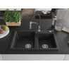 Mexen Tomas granite double-bowl sink with Aster kitchen faucet, black/silver metallic - 6516-73-73450-07