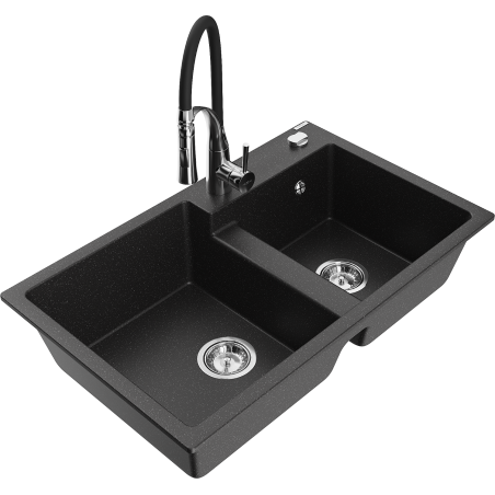 Mexen Tomas granite double-bowl sink with Aster kitchen faucet, black/silver metallic - 6516-73-73450-07