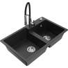 Mexen Tomas granite double-bowl sink with Aster kitchen faucet, black/silver metallic - 6516-73-73450-07