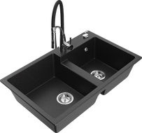 Mexen Tomas granite double-bowl sink with Aster kitchen faucet, black/silver metallic - 6516-73-73450-07