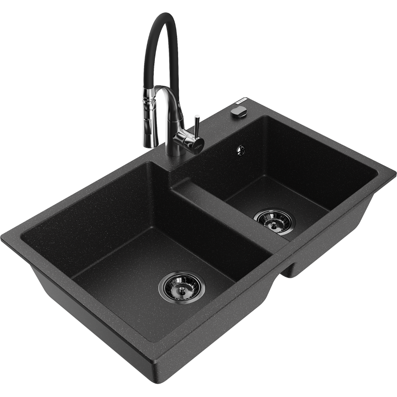 Mexen Tomas 2-compartment granite sink with a kitchen mixer tap Aster, Black/Silver metallic - 6516-73-73450-07-B