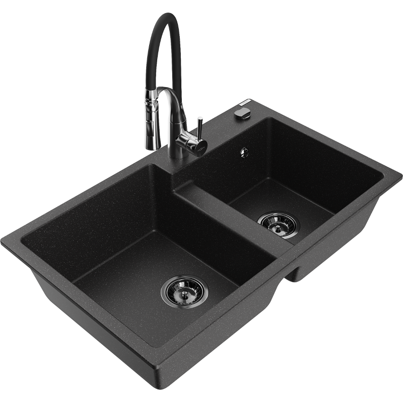 Mexen Tomas granite kitchen sink 2-bowl with Aster kitchen tap, black/silver metallic - 6516-73-73450-07-B