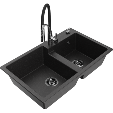 Mexen Tomas granite double-bowl sink with Aster kitchen faucet, black/silver metallic - 6516-73-73450-07-B
