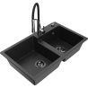 Mexen Tomas granite double-bowl sink with Aster kitchen faucet, black/silver metallic - 6516-73-73450-07-B