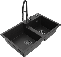 Mexen Tomas granite double-bowl sink with Aster kitchen faucet, black/silver metallic - 6516-73-73450-07-B