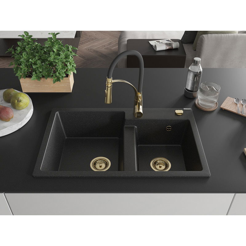 Mexen Tomas granite sink 2-bowl with Aster kitchen tap, black/silver metallic - 6516-73-73450-57-G