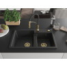 Mexen Tomas granite double sink with Aster kitchen faucet, black/silver metallic - 6516-73-73450-57-G