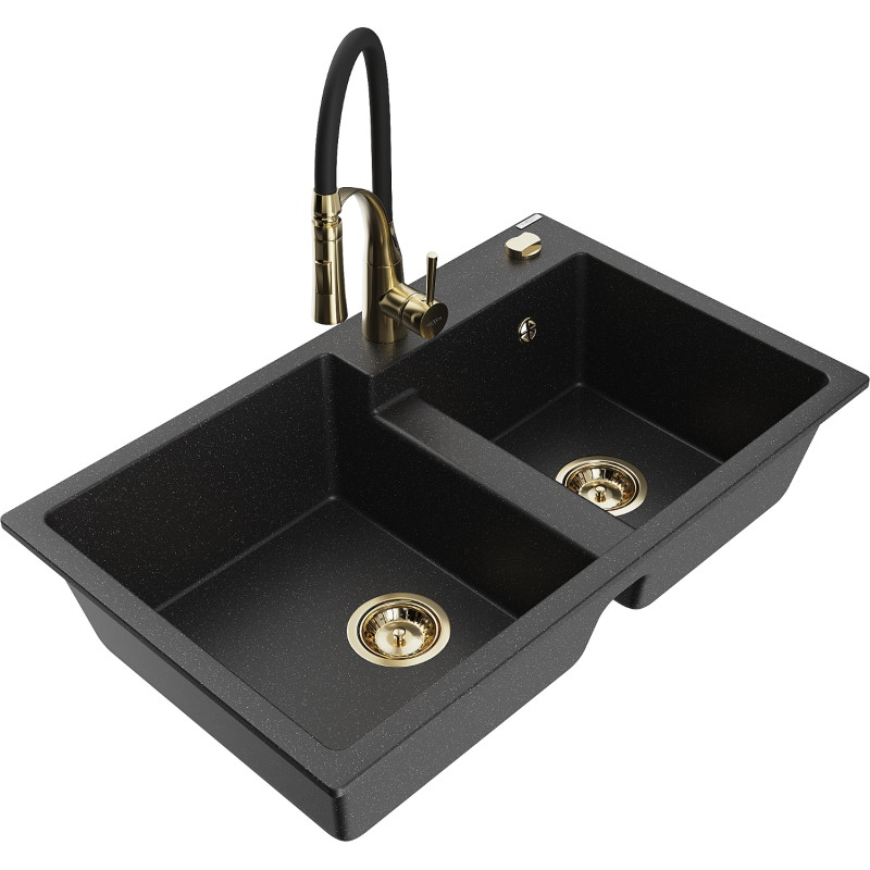 Mexen Tomas 2-bowl granite sink with Aster kitchen faucet, black/silver metallic - 6516-73-73450-57-G