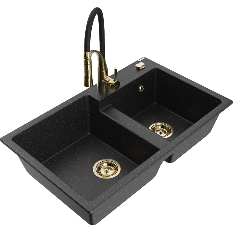 Mexen Tomas 2-compartment granite sink with a kitchen mixer tap Aster, Black/Silver metallic - 6516-73-73450-57-G