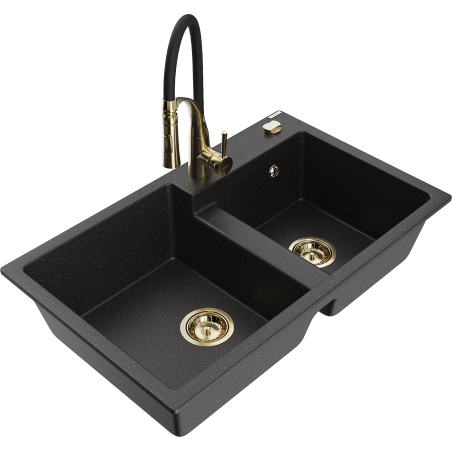 Mexen Tomas 2-bowl granite sink with Aster kitchen faucet, black/silver metallic - 6516-73-73450-57-G