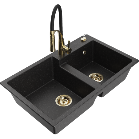 Mexen Tomas granite sink 2-bowl with Aster kitchen tap, black/silver metallic - 6516-73-73450-57-G