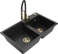 Mexen Tomas 2-bowl granite sink with Aster kitchen faucet, black/silver metallic - 6516-73-73450-57-G
