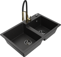 Mexen Tomas 2-compartment granite sink with Aster kitchen faucet, black/silver metallic - 6516-73-73450-57-B