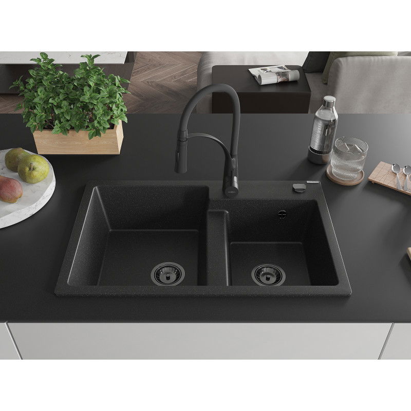 Mexen Tomas 2-bowl granite sink with Aster kitchen tap, black/silver metallic - 6516-73-73450-70-B