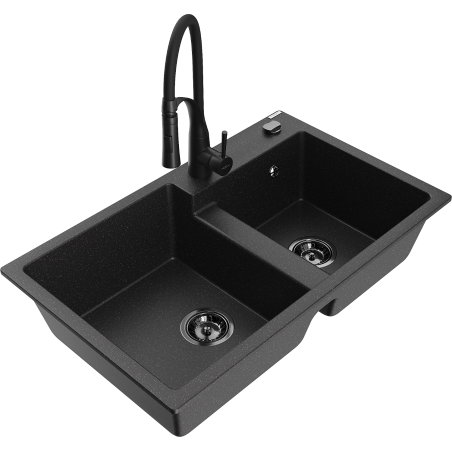 Mexen Tomas 2-bowl granite sink with Aster kitchen tap, black/silver metallic - 6516-73-73450-70-B