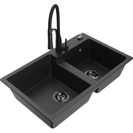 Mexen Tomas 2-chamber Granite Sink with Aster Kitchen Faucet, Black/Silver Metallic - 6516-73-73450-70-B