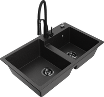 Mexen Tomas 2-compartment granite sink with a kitchen mixer tap Aster, Black/Silver metallic - 6516-73-73450-70-B