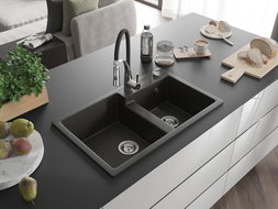 Mexen Tomas granite sink 2-bowl with Aster kitchen tap, black/gold metallic - 6516-75-73450-07