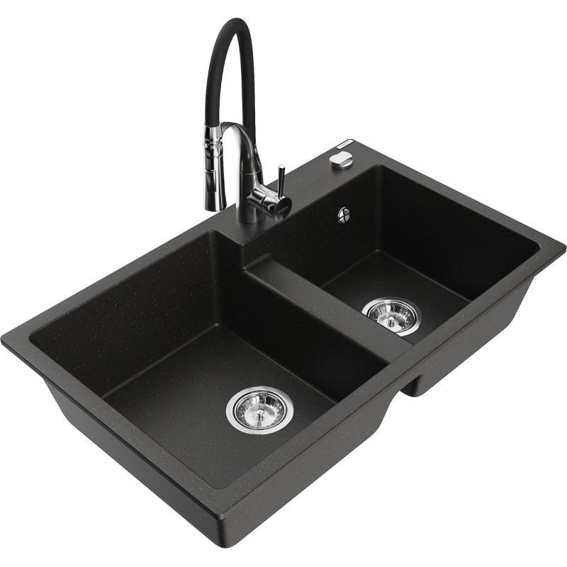 Mexen Tomas 2-bowl granite sink with Aster kitchen faucet, black/gold metallic - 6516-75-73450-07
