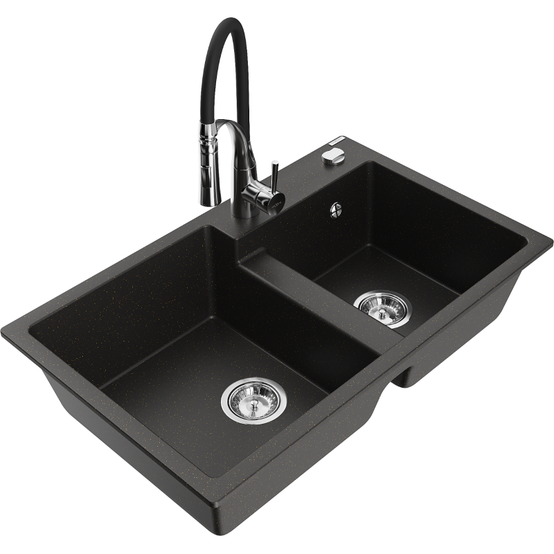 Mexen Tomas granite sink 2-bowl with Aster kitchen tap, black/gold metallic - 6516-75-73450-07