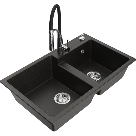 Mexen Tomas 2-compartment granite sink with Aster kitchen faucet, black/gold metallic - 6516-75-73450-07