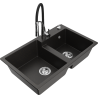 Mexen Tomas 2-bowl granite sink with Aster kitchen faucet, black/gold metallic - 6516-75-73450-07